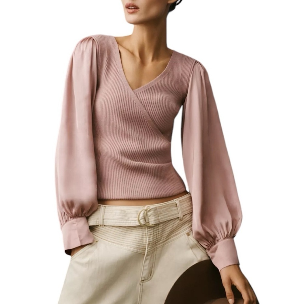 Anthropologie Twofer Faux Wrap Sweater Womens Large Puff Ribbed Boho Stretch